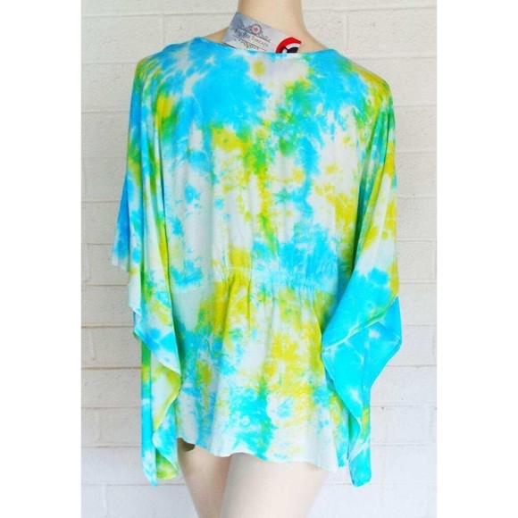 New Sacred Threads One Size Aqua Tie-Dye Pullover Rayon Kaftan Poncho Top - Picture 4 of 4
